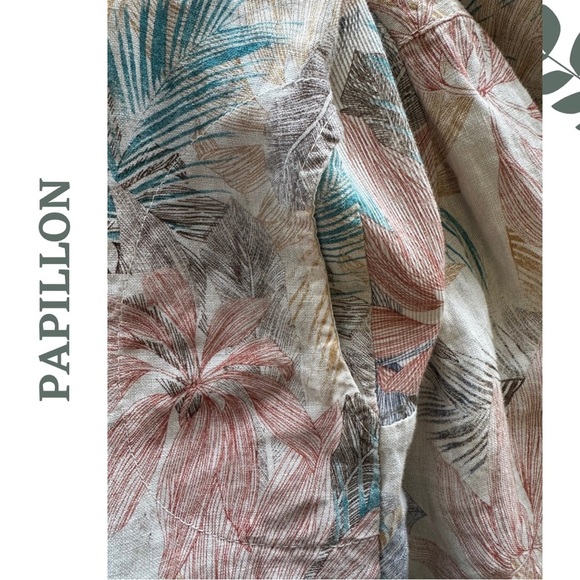 Papillon Linen Short Sleeve Sheath Dress Foliage Print Contrast Knit Side Inlay - Picture 4 of 5